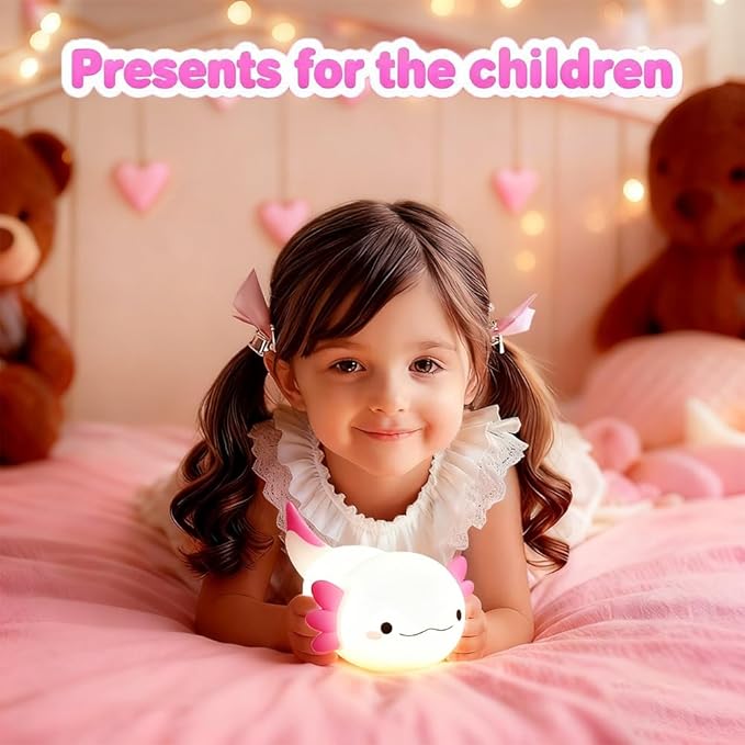 Cute Axolotl Night Light for Kids Bedroom, Animal Silicone Nursery Night Lamp Touch Control Nightlights USB Rechargeable Bedside Lamp for Baby Children Toddlers Girls Gift (Pink Axolotl+1)