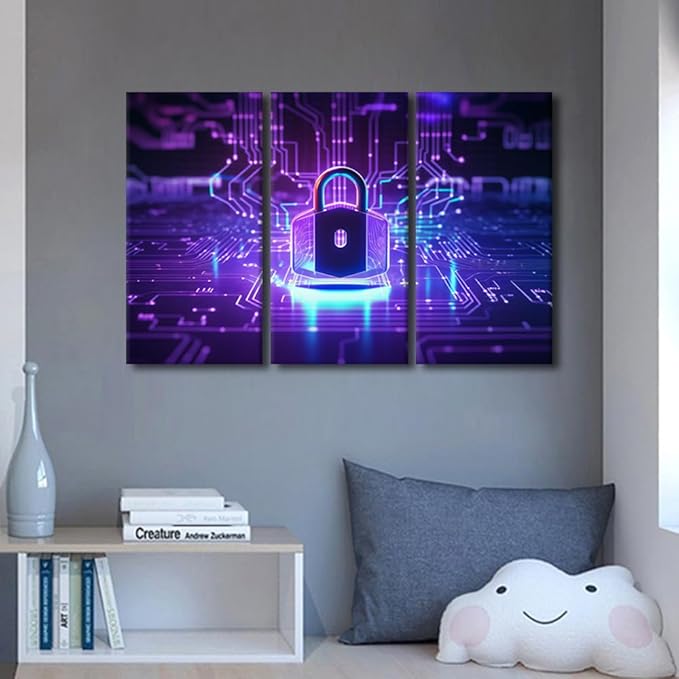 TUMOVO 3 Pieces Canvas Wall Art for Home Office Decoration, Modern Artwork Padlock on Circuit Board Neon Posters and Prints, Cyber Security Concept Artwork Ready to Hang, 42" Wx28 H