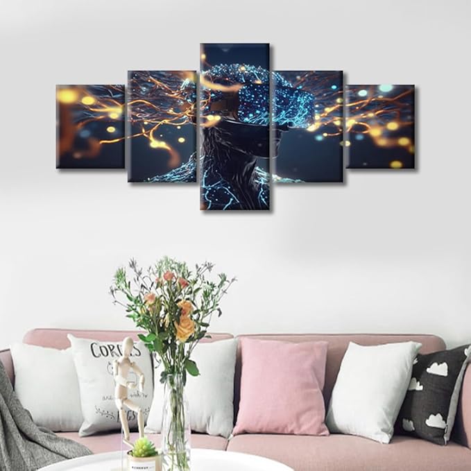 Brain Neural Human Head Modern Wall Art Artificial Intelligence Technology Pictures Contemporary Artwork Print On Canvas Bedroom Wall Art for Living Room Framed Ready to Hang, (50"Wx24"H)