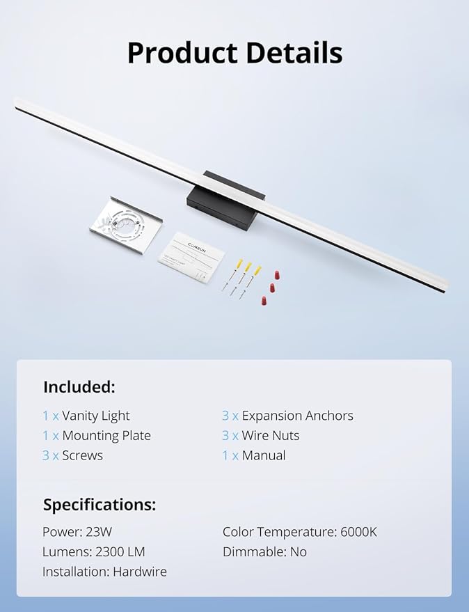 Combuh 48Inch Bathroom Vanity Light Fixtures Extra Long Lighting Bar Above Mirror, Modern Black Bright 23W 2300LM Wider Coverage Slim Sleek IP44 Rustproof LED Bath Wall Sconce for Makeup Cool White
