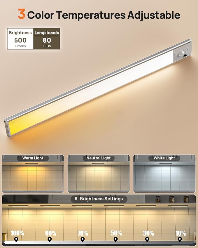 Under Cabinet Lighting Wireless, 16 inch LED Motion Sensor Light Indoor, Rechargeable Closet Lights with Remote, 3 Color Temps, Dimmable, Magnetic Under Counter Lights for Kitchen, Stairs, 4 Pack