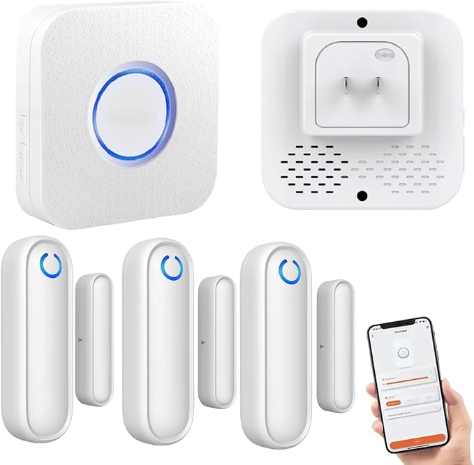 Door Chime with Phone App,WiFi Door Open Contact Sensor Alarm Chime with 600 FT Range,WiFi Door Ringer Alert for Business/Store/Home/Office When Enter (Three Sensor One Gateway)