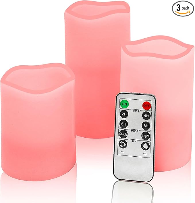 JUNPEI Flameless Led Battery Operated Candles: Flickering Electric Candles 4" 5" 6" Set of 3 Real Wax 10-Key Remote Control with 2/4/6/8-hours Timer Function,Cycling 24 Hours Timer, 300+ Hours (Pink)