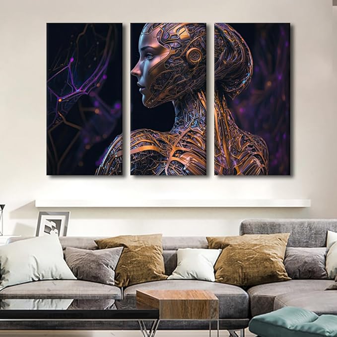 TUMOVO 3 Panel Large Wall Art Artificial Intelligence Cyborg Art Picture Poster for Home Office Wall Decorations, Giclee Modern Artwork Wooden Framed Ready to Hang, 60" Wx40 H