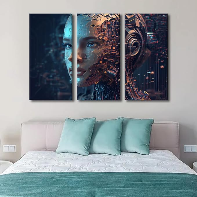 Futuristic Technology Wall Art for Living Room Artificial Intelligence Pictures Print On Canvas, 3 Panel Modern Wall Decoration for Bedroom Living Room Giclee Wooden Framed, 60" Wx40 H