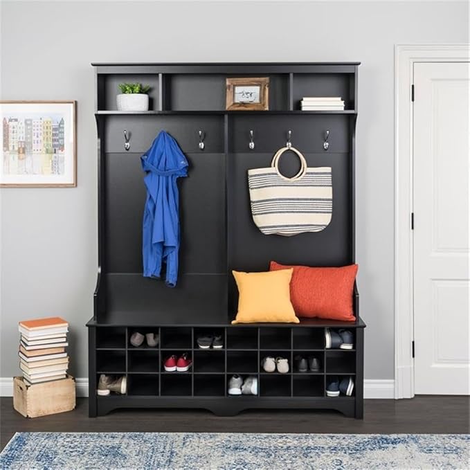 Prepac Black Hall Tree, Shoe Cabinet, Storage Cabinet with 24 Shoe Cubbies and 6 Double Coat Hooks 15.5" D x 60" W x 77" H