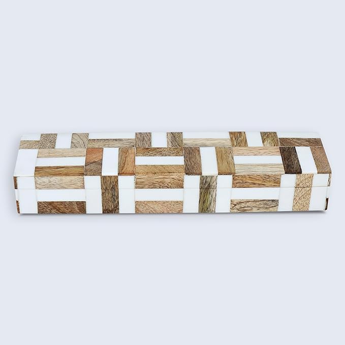 Handicrafts Home White Decorative Storage Box with Lid Wood Entryway Organizer Key Holder Box Console Table Storage for Hallway – Resin Inlay Marquet Chase Collection - 10x2.5x1.5