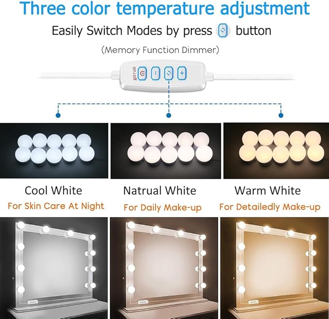 LED Vanity Lights for Mirror, Hollywood Style Vanity Lights with 10 Dimmable Bulbs, Adjustable Color & Brightness, USB Cable, Mirror Lights Stick on for Makeup Table Dressing Room