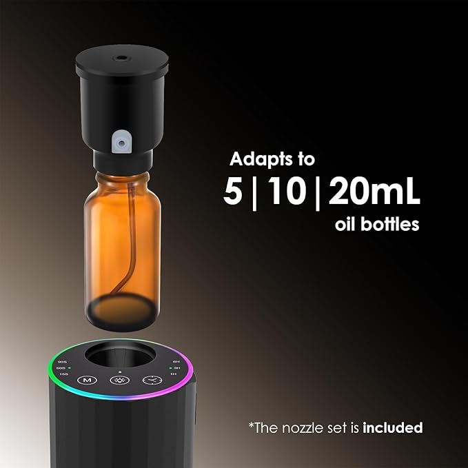Waterless Essential Oil Diffuser, 7 Colors LED Light, Battery Powered Mini Scent Air Machine, Aromatherapy Mist Diffuser for Home Room Car Office，Black Aluminum Alloy (Black)