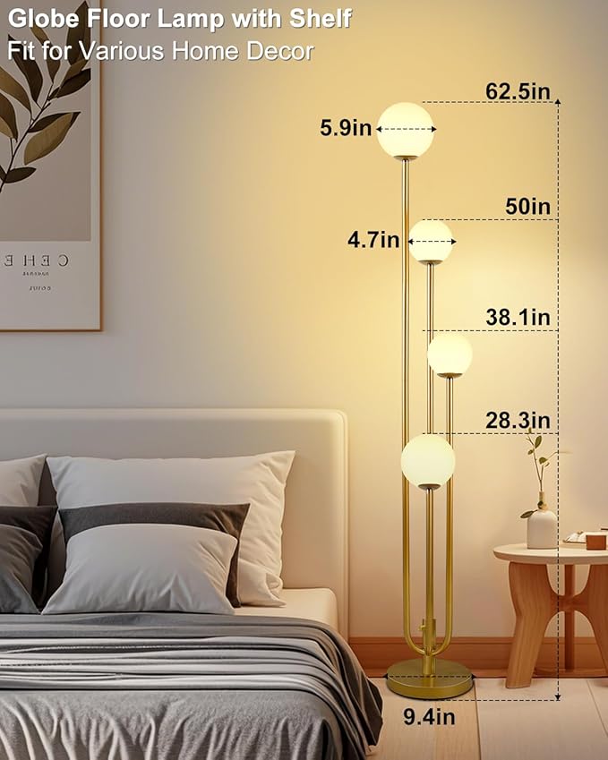 Lightdot Gold Globe Floor Lamp 4-Lights Dimmable Floor Lamps 3000K Bulbs Included Unique Modern Standing Tall Lamp for Living Room/Bedroom/Sofa Beside/Corner Decor