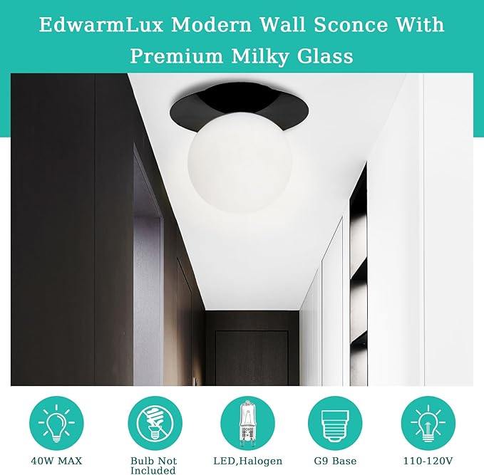 1 Light Wall Sconce, Mid Century Modern Globe Wall Sconce, Ceiling Light Fixture, Vanity Light Fixture, Indoor Wall Light for Living Room Bedroom Hallway Bathroom Entry (Matt Black)