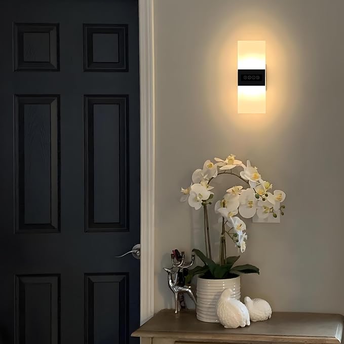 2 Pack Modern Wall Sconces with Touch Switch Dimmable 12W Hardwired Wall Lights Fixtures 3000K/4000K/6000K Brightness Adjustable LED Wall Sconce Lighting Indoor Black for Bedroom Living Room
