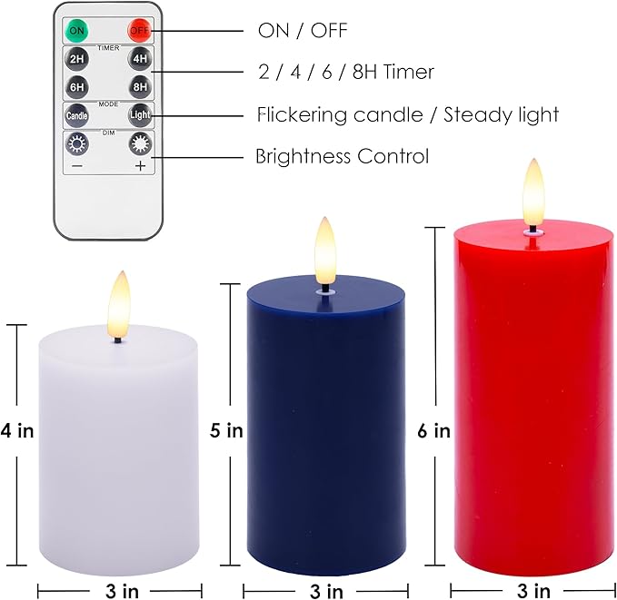 Red White Blue Patriotic Flameless Pillar Candles with Remote, 3 Pack Battery Operated Real Wax LED Candles, Perfect for 4th of July Independence Day Home Decorations Fireplace Table