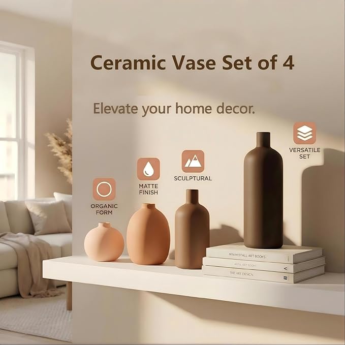 Ceramic Vase Set of 4, Decorative Neutral Modern Flower Vases for Home Decor, Living Room, Shelf Decor, Bookshelf, Kitchen, Centerpiece, Table, Bedroom, Office, Farmhouse