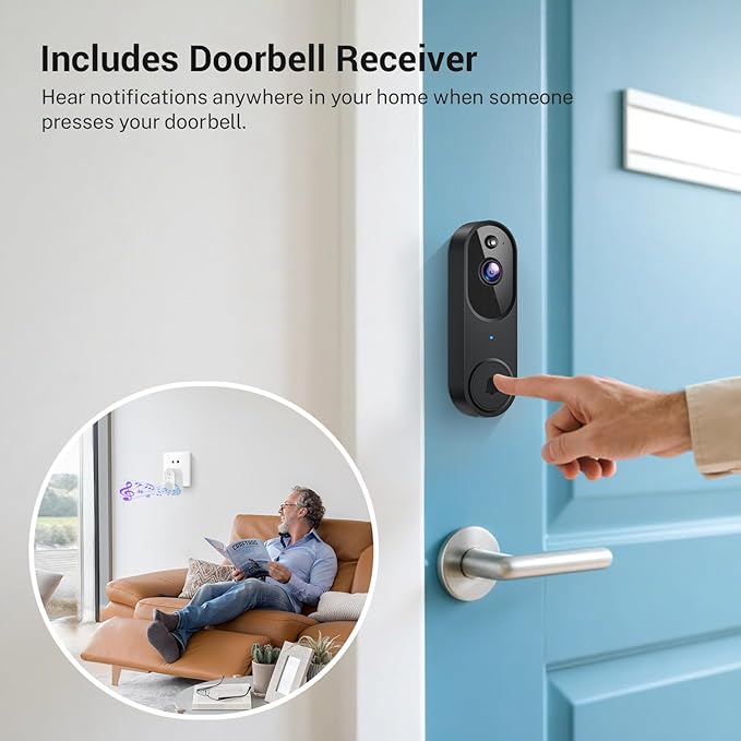 Wireless Wi-Fi Video Doorbell Camera with AI Motion Detection, 2 Way Audio, Night Vision, Cloud Storage, 2.4GHz Wi-Fi Only, Battery Powered