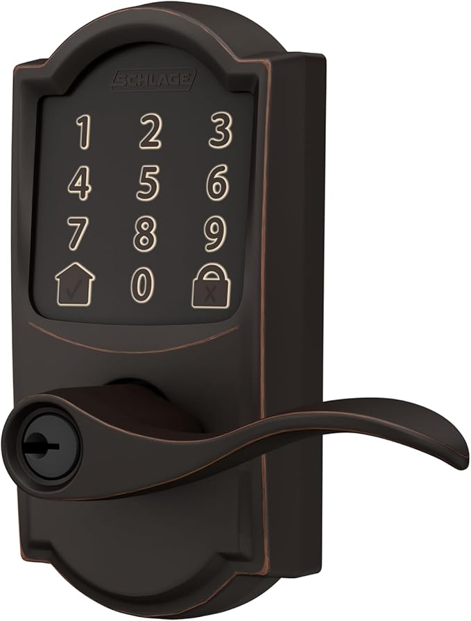 Schlage Encode Smart Wi-Fi Lock with Lever Handle, Touchscreen Keypad, Keyless Entry Door Lock, App Control, Alexa, Google Home and Airbnb Compatible, Aged Bronze, FE789WB CAM 716 Acc