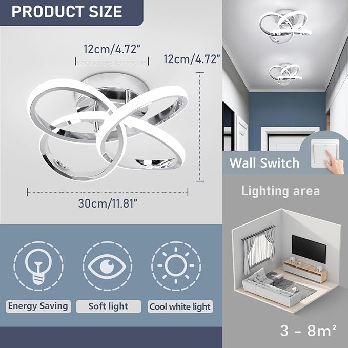 Modern Led Ceiling Lights, 11.8in Chrome Curved Hallway Ceiling Lights Fixtures, 26W Flush Mount Ceiling Light for Bedroom Kitchen Bathroom Entryway Balcony Stair - Cold White Light 6000K