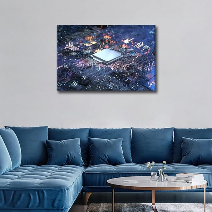 TUMOVO Computer Chip Wall Art for Bedroom CPU Concept Canvas Art Wall Decor Futuristic CPU Modern Wall Art Pictures for Living Room Artwork Paintings Giclee Framed Ready to Hang, 36x24in