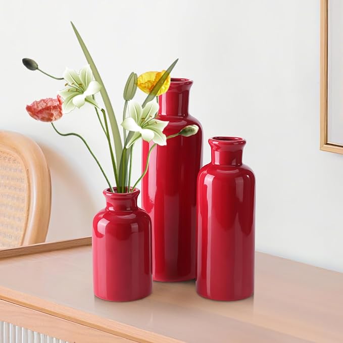 Small Ceramic Vase Set of 3, Boho Modern Flower Vase Room Decor, Farmhouse Decor, Vases for Your Kitchen, Bathroom, Bedroom, Living Room, Office&Shelf Centerpiece Table Decorations, Red