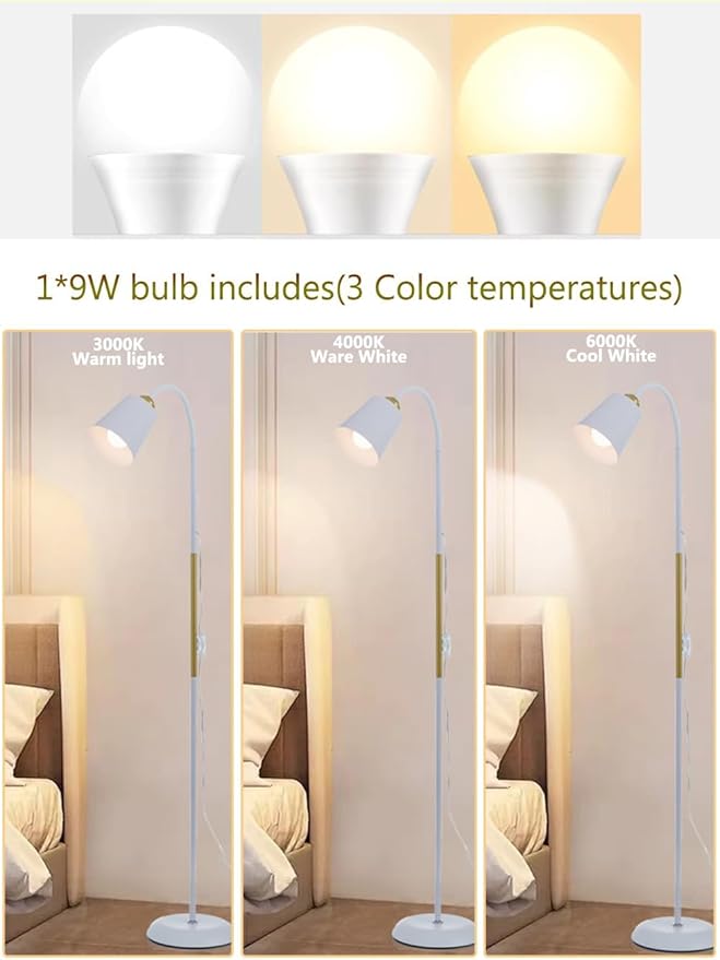 AoMck Floor Reading Lamp, Industrial Metal Floor Lamps for Living Room with Adjustable Bendable 2 in 1 Reading Table Lamps for Living Room Bedroom Office, 12W Bulb Included (White)