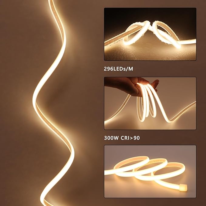 AC 110V COB LED Strip Lights 98.4ft, 3000K Warm White LED Rope Light Outdoor Waterproof, 10W/M CRI 90+ Flexible Cuttable, for Bedroom, Living Room, Garden, Commercial, House