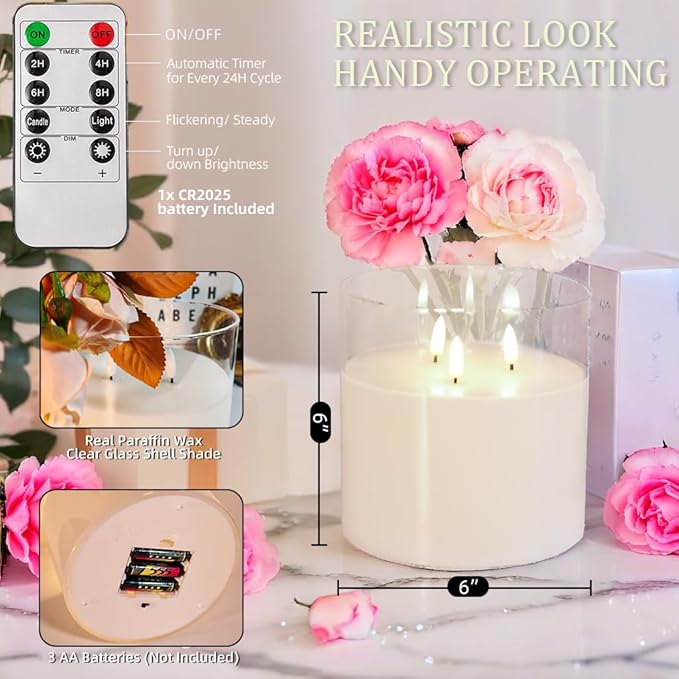 NICEME Extra Large 3 Wick Battery Operated Candle, 6"x6" Big Clear Glass Flameless Candles with Remote, Real Wax Flickering Led Pillar Fake Giant Candle for Wedding Party Holiday Home Decor, White