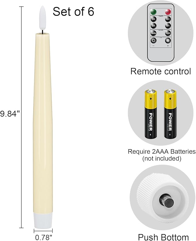 GenSwin Flameless Taper Candles with Remote, Ivory LED Taper Candles Battery Operated, Real Wax Flameless Candlesticks with 3D Wick for Home Halloween Christmas Decor(Set of 6, 0.78” x 9.84”)