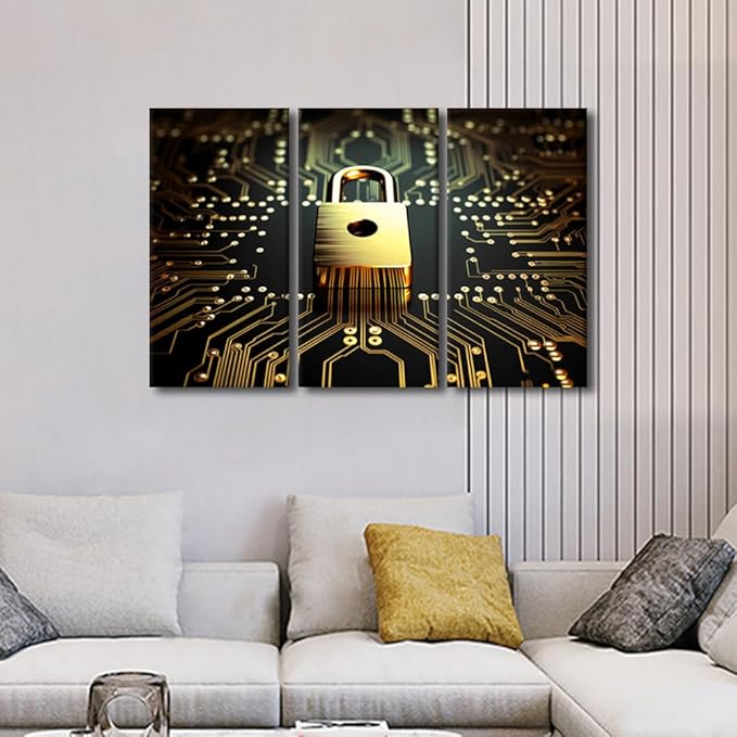 3 Panel Modern Wall Art Data Security Concept Pictures Print on Canvas for Living Room Bedroom Bathroom Wall Decoration, Wooden Framed Gallery-Wrapped Ready to Hang, 36" Wx24 H