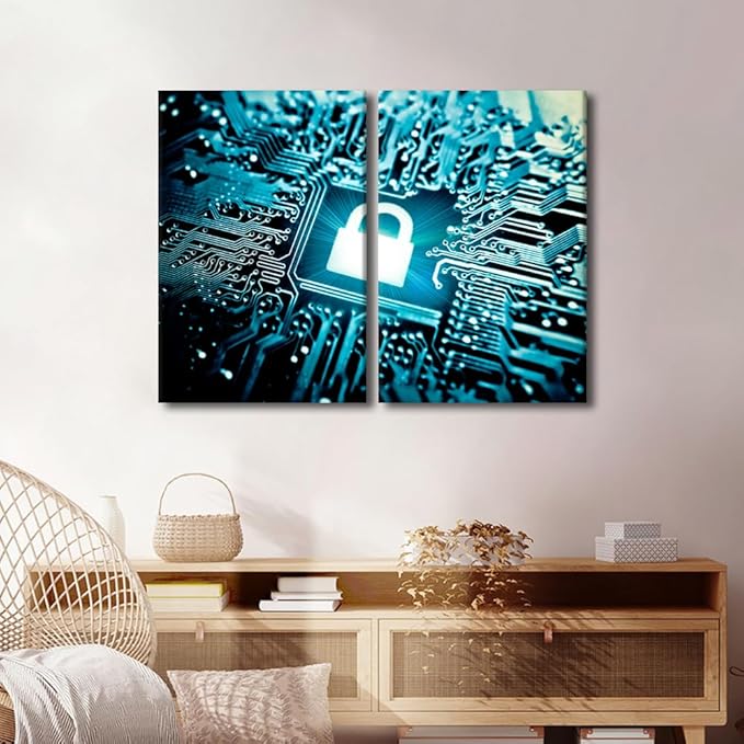 Security Lock Symbol Wall Pictures for Living Room Modern Home Decor AI Intelligence Canvas Poster Pictures Pictures House Decorations Artwork Paitings 3 Pieces Framed Ready to Hang, 24"Wx16"H