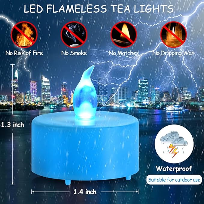 Tea Lights Flameless Battery Operated Candles-50PACK LED Flickering Votive Candle Long Lasting 200 Hours, Realistic and Bright for Seasonal Festive Celebrations Decoration Blue