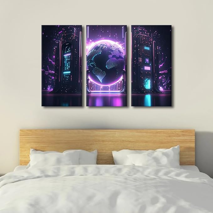 AI Concept Painting for Living Room Decoration, 3 Panels Future Energy Power Technology and Internet Connection Poster Prints on Canvas Wall Art for Living Room Decoration, 36" Wx24 H