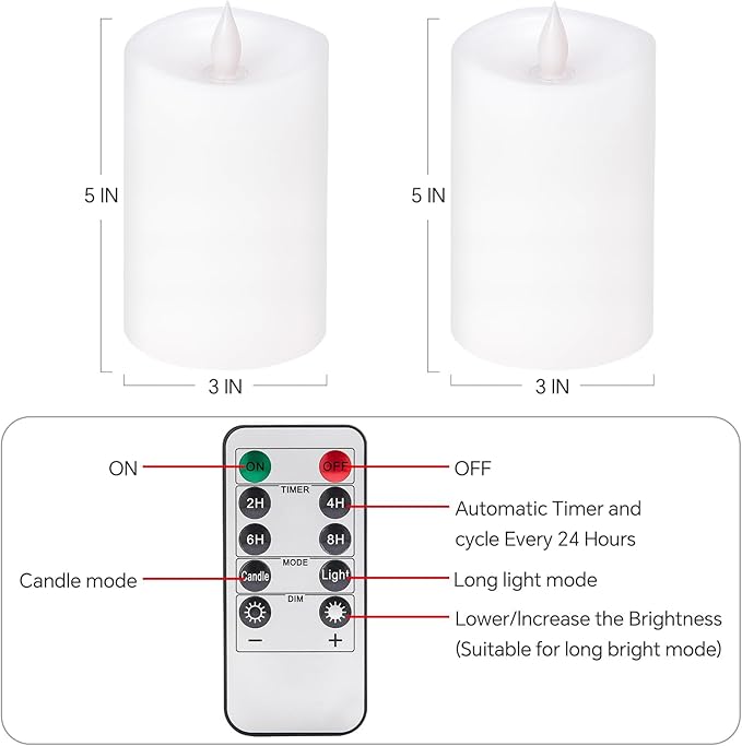 2PCS, 3 x 5 inches Flameless Candle with Remote Control, 3D Flickering Wick, Real Wax Pillar LED Candles, Battery Operated Candles,with Timer,for Holiday Home Decor,White