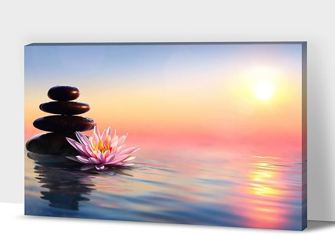 GUTTATY Zen Wall Art Decor, Modern Bathroom Zen Decor Wall Art, Canvas Wall Art for SPA Zen Room Decor, Pink Lotus Flower and Pebble Relaxing Zen Art Prints for Office & SPA Wall Decor 24x36 Inches