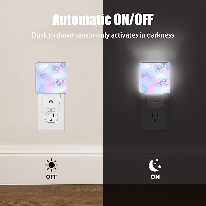 Colorful Mermaid Scales Night Light Plug in Wall Lamp Smart Dusk to Dawn Sensor for Home Decorative, Kids Room Bedroom Bathroom Kitchen Hallway Gifts