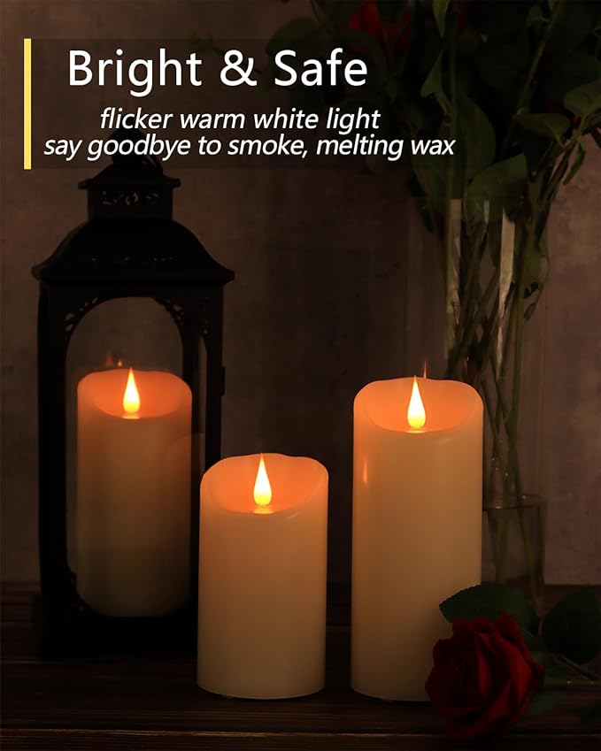 Flameless Candles Flickering 3D Moving Flame, Last 1000+ Hours Battery Operated Candles with Remote Timer, Set of 3 Ivory Real Wax Electric LED Pillar Candles for Home Wedding Decoration