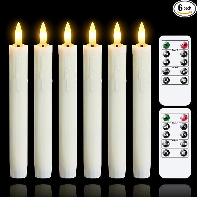 Flameless Flickering Taper Candles Two Remote, 7.5 Inch Ivory Battery Operated LED Window Candles Timer,Set of 6 Plastic 3D-Wick Dripping-Wax Effect Flameless Candlesticks(0.86”Dia,Warm Fire)