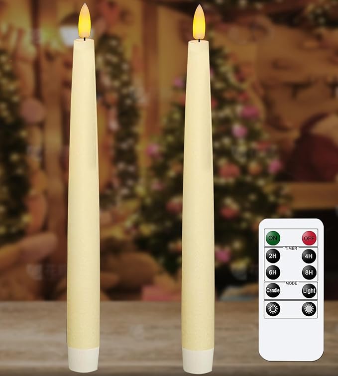 Upgraded Real Wax LED Flameless Taper Candles with Remote, KSWING Ivory Candlesticks Battery Operated 3D Flickering - 2 PCS 9.6” Long Realistic Fake Candle Sticks for Home/Wedding/Fireplace Xmas Decor