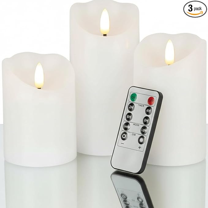 VENTA Set of 3 White Pillar Candles | Real Wax Battery Operated Flickering LED Candles with Remote | Timeless Decor for Farmhouse, Modern & Mantel Displays