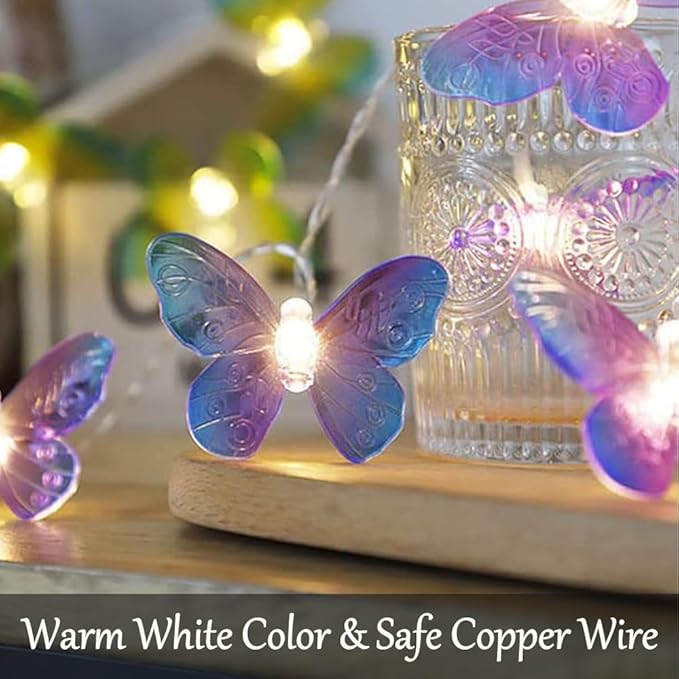 Fielegen 20 LED Butterfly String Lights, 9.84ft/3 Meter Battery Powered Purple Butterfly Fairy Lights for Home Bedroom Indoor Outdoor Garden Wedding Party Holiday Summer Decoration