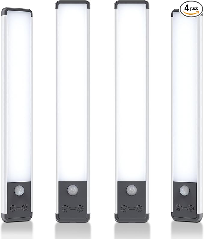 10inch Under Cabinet Lighting,4PACK,40 LED 2000 mAh,Rechargeable Motion Sensor Light Indoor,Dimmable Magnetic Closet Lights,Wireless Under Counter Lights for Kitchen, Stairs,Home
