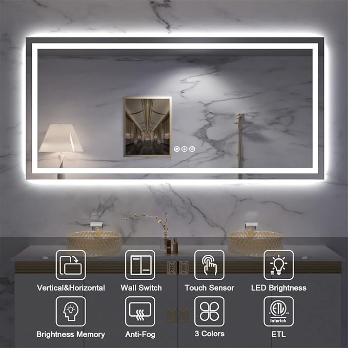 Amorho LED Mirror for Bathroom, 72''x 40'' with Front and Backlight, Large Dimmable Wall Mirrors with Anti-Fog, Shatter-Proof, Memory, 3 Colors, Double LED Vanity Mirror