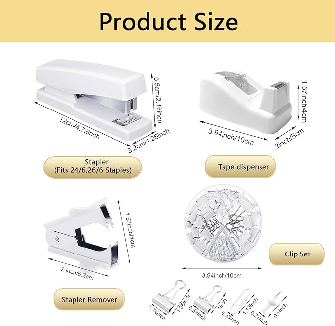 Office Supplies,Desk Accessories,Tape Holder,Stapler,Scissor,Staple Remover,Box of Binder Clips,Staples,Ballpoint Pen,Lndex Tabs,Clear Tape,Office Supplies Set(White)