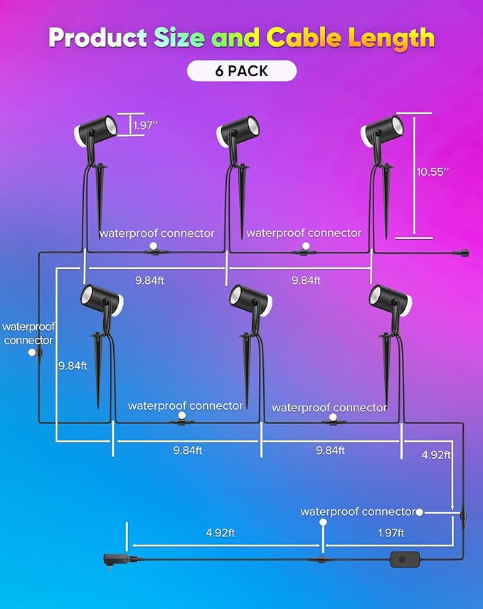 GZBtech Waterproof Landscape Spotlights, 24V RGB+IC+CCT Color Changing Outdoor Pathway Lighting, App&Remote Control Work with Alexa, Aluminum Dimmable LED Spot Light for Garden Yard Decor, 6 Pack