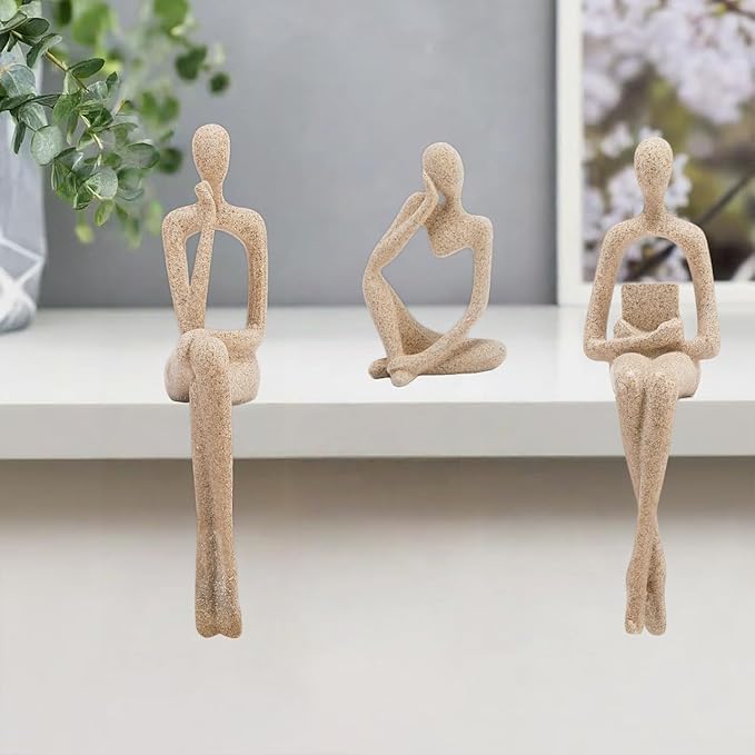 Gold Home Decor Thinker Statue Accents, Set of 3 Thinker Sculptures Office Decor Modern Abstract Resin Decoration on Shelf Table Desk for Living Room Office Bedroom Bookshelf Decor (Small Sandstone)