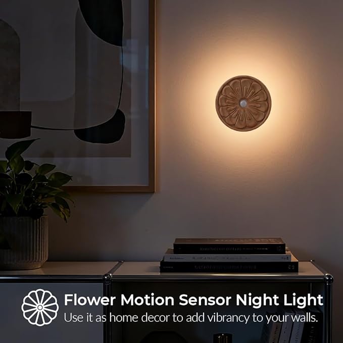 Flower Motion Sensor Night Light, Carved Wooden Flower Wall Lamp, Backlight LED Light, Rechargeable & Stick-On Magnetic Mount for Indoor Decor, Living Room, Bedroom, Stairs (Round Ash Wood *1Pack)