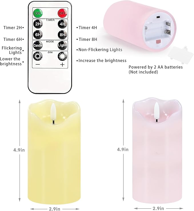 Flameless Candles Light, Set of 2 6"x3" Flickering Pastel Spring LED Candles with Remote & Timer, Dimmable Real Wax Easter Pillar Candles Battery Operated for Home Spring Easter Decor (Pink Yellow)