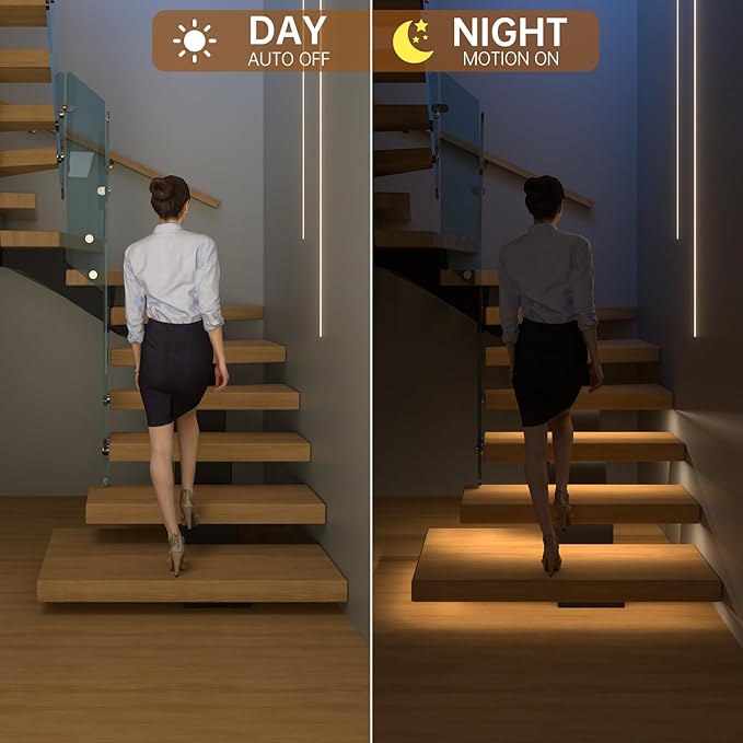 Motion-Activated LED Stair Lighting Kit DE-320, 42" Cuttable Strip Light for Indoor Floating Mono Stringer & Cantilever Stairs (Warm White 3000K,14 Steps)