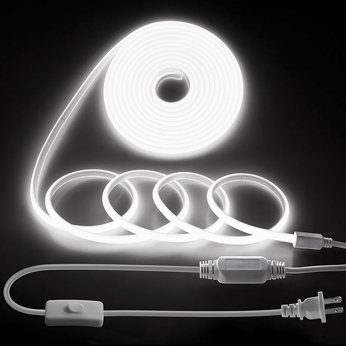 Outdoor COB LED Rope Lights Waterproof with Switch IP65 20FT/6M AC110V-120V LED Strip Light Daylight White 6000K 1728LED/6M Super Density Bright LED Tape Light Indoor for Garden Decor