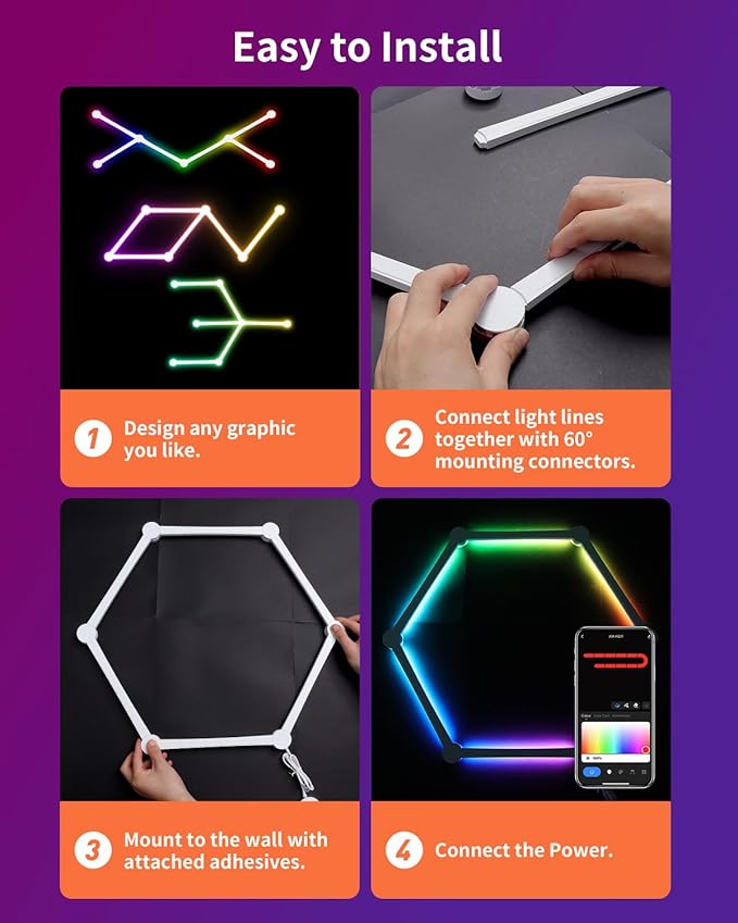 Smart LED Wall Lights, Music Sync Voice Control DIY RGB Light Bar with 16M+ Color & 44+ Scenes, Dimmable Home Decor Wi-Fi Wall Light for Gaming Room TV Bedroom (6 Lines)