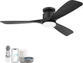52 Inch Smart Low Profile Ceiling Fan,Solid Wood Ceiling Fan with Lights Remote,Outdoor Indoor Flush Mount,WIFI Alexa App Control,Quiet DC Motor,Dimmable,Modern Ceiling Fan for Bedroom Patio,Black